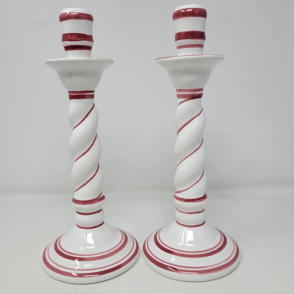 Pair of Casa Fina Portugal‎ Twisted Candlesticks White Red Striped Ceramic 11"
